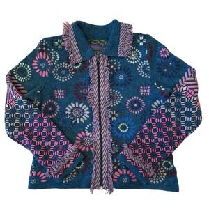 Oilily Colorful Girls Zip Cardigan with Geometric Floral Pattern & Fringe XL EUC